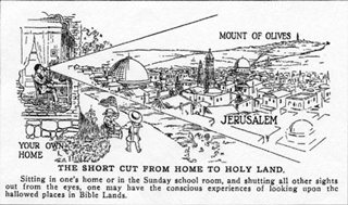 An illustration showing a man viewing the holy land from his desk.